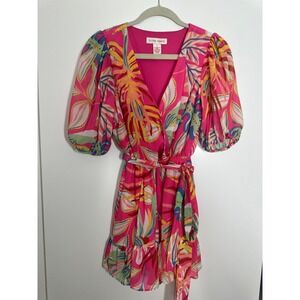 Flying Tomato Floral Print Mini Dress Pink Wrap Style Puff Sleeve S